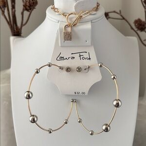 Laura Ford Hoop Earrings, goldtone with silver balls, bracelet & post earrings